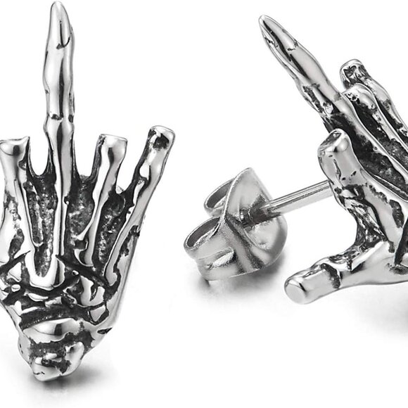 Other - Mens Womens Stainless Steel Vintage Hand Skeleton Bone Stud Earrings, Screw Back
